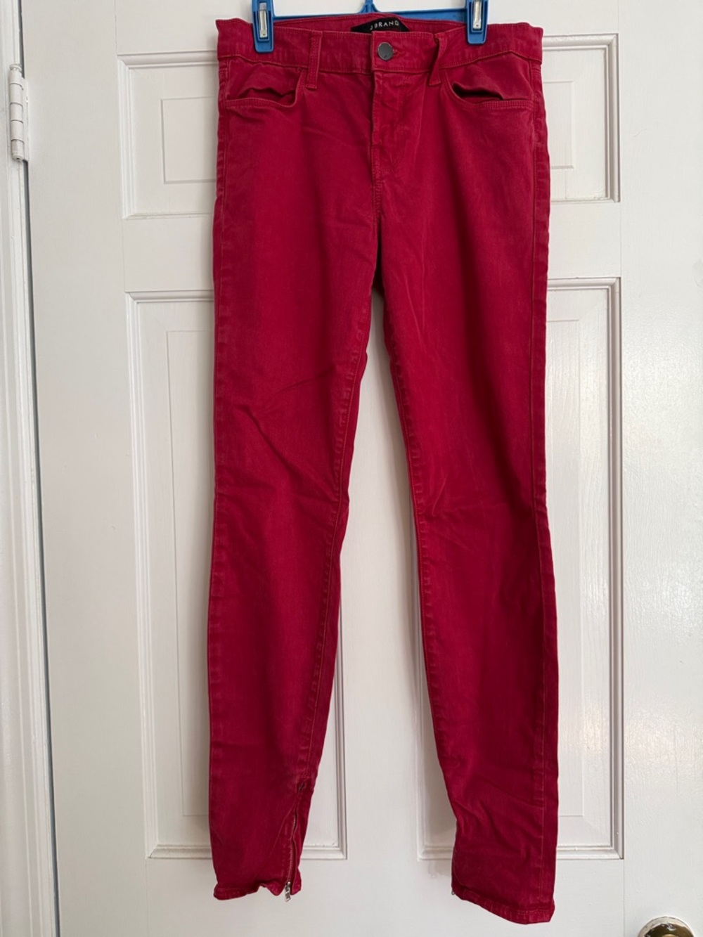 J Brand Ankle Crop Skinny Jeans in Red Burn